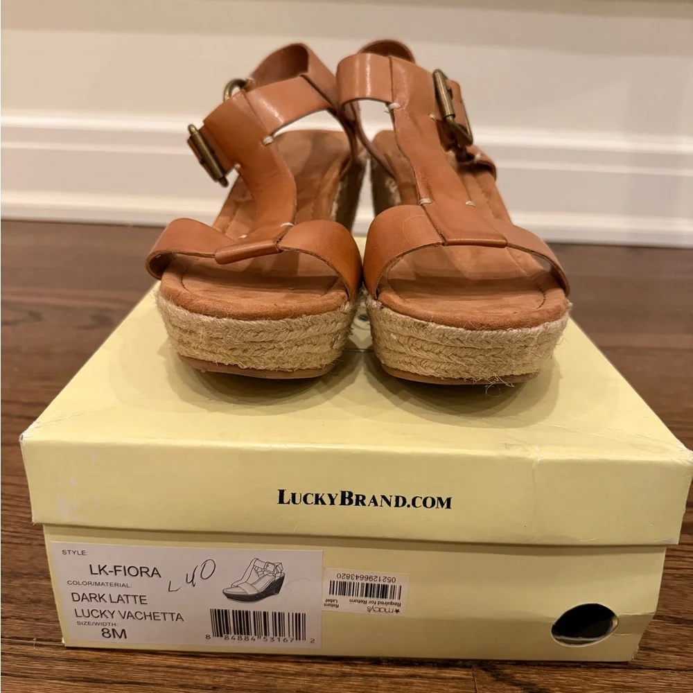 Lucky Brand Fiora Tan Leather Espadrille Wedge Sandals Size 8.5